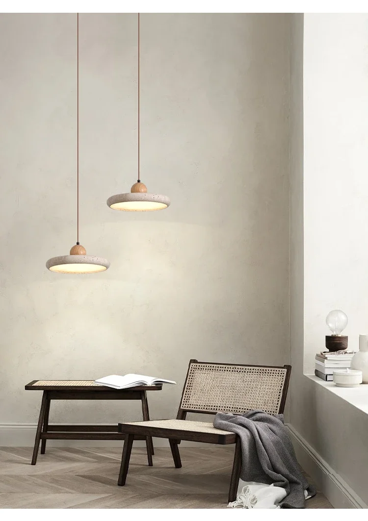 Set of 2 Mannelli Circular Travertine Stone Pendant Lights in wabi sabi room