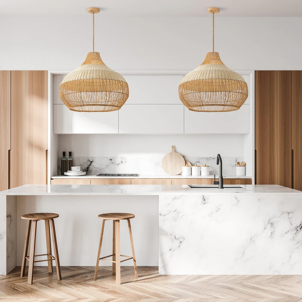 Set of 2 Medium Beatrice White Dome Basket Rattan Pendant Lights over Kitchen Island