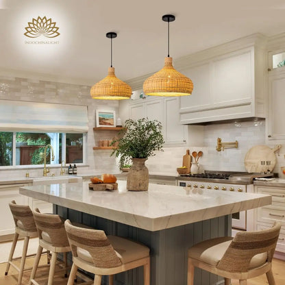 Set of 2 Rasa Wicker Dome Pendant Lights in Modern Kitchen