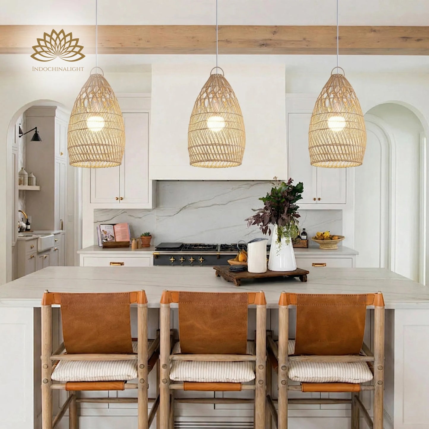 Set of 3 Perio Basket Rattan Pendant Lights above Boho Kitchen Island
