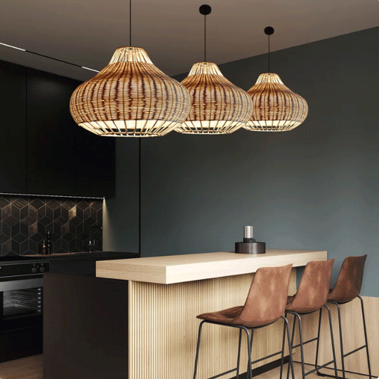 Set of 3 Rustic Pear Rattan Wicker Dome Pendant Lights hang over Kitchen Island
