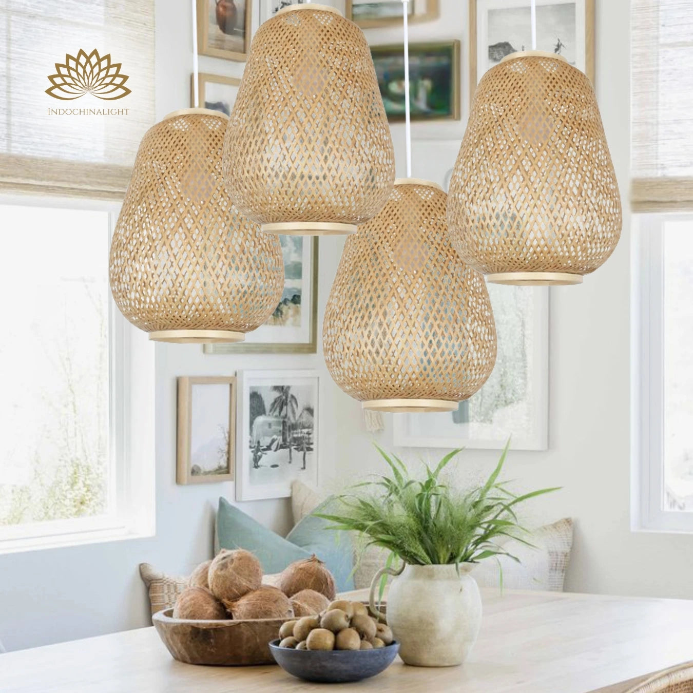 Set of Four Bambuvalaisin Lauha woven bamboo pendant lights hang at different heights in a Scandinavian wooden dining room