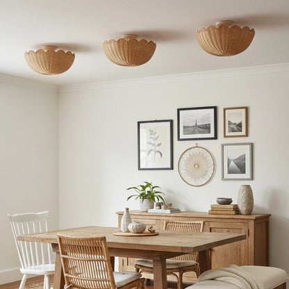 Set of Three Bubble Scalloped Rattan Ceiling Lights over Dining Table