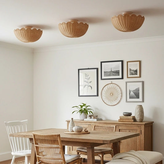 Set of Three Bubble Scalloped Rattan Ceiling Lights over Dining Table