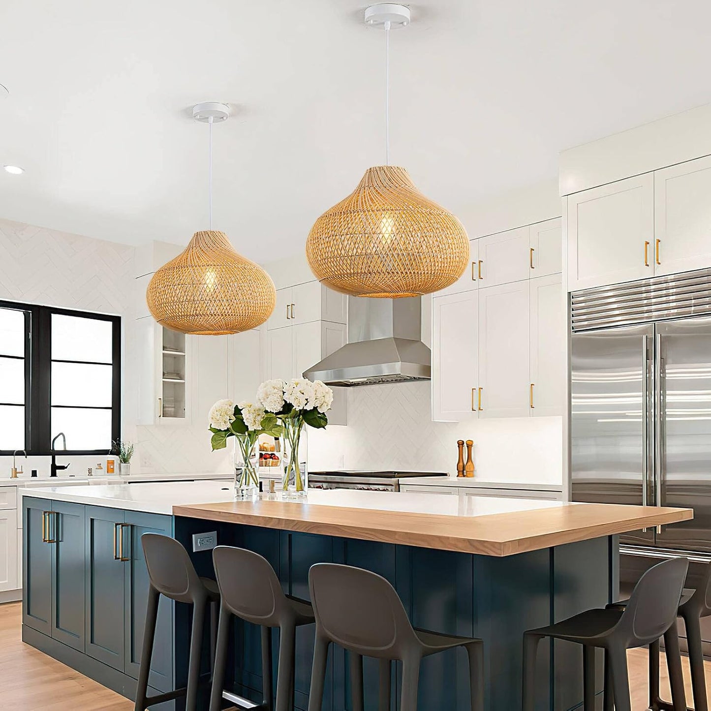 Set of two 16 Inch Karjearl Boho Basket Rattan Pendant Lights for Modern Kitchen