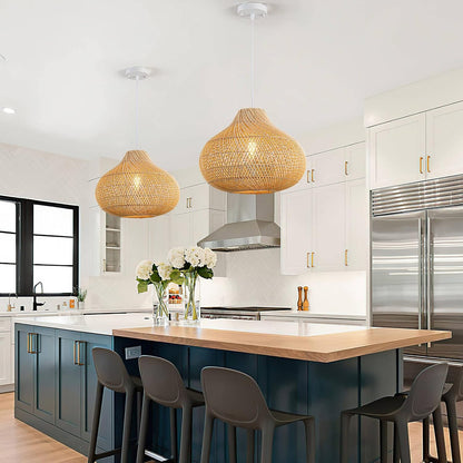 Set of two 16 Inch Karjearl Boho Basket Rattan Pendant Lights for Modern Kitchen