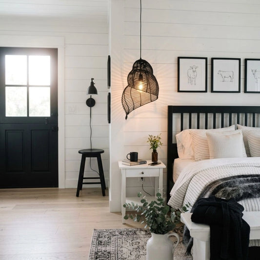 Black rattan light fixture - Shell Organic Modern decorative pendant for bedroom
