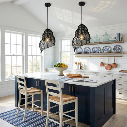 Shell Spiral Black Rattan Pendant Light in Coastal Kitchen Island