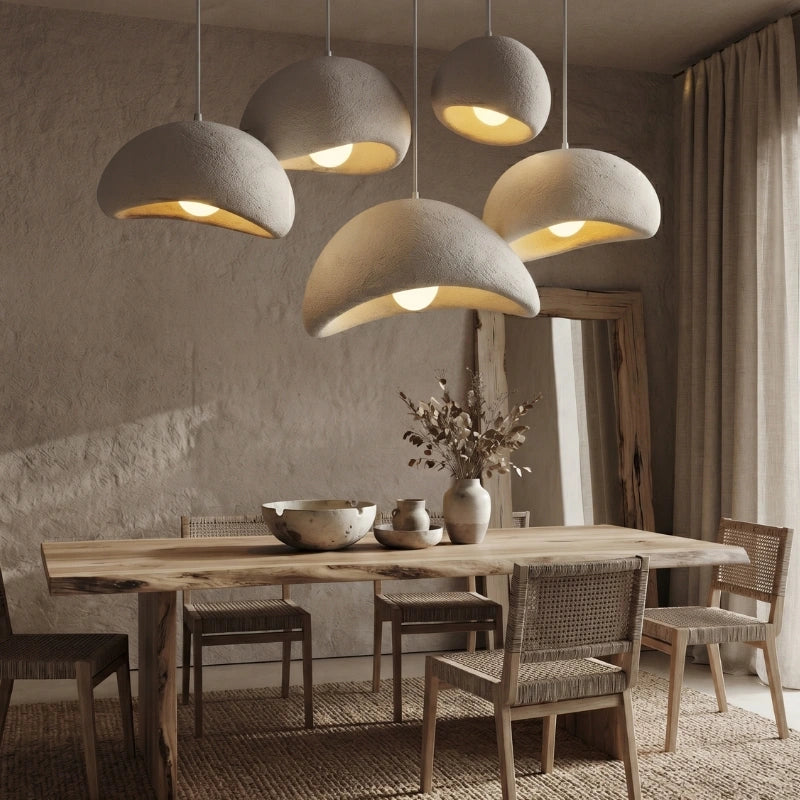 Shibui Resin pendant lights hanging in a Wabi Sabi Dining Room