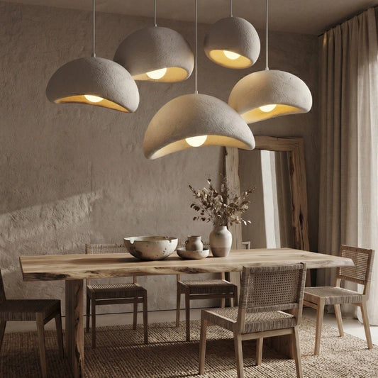 Shibui Resin pendant lights hanging in a Wabi Sabi Dining Room
