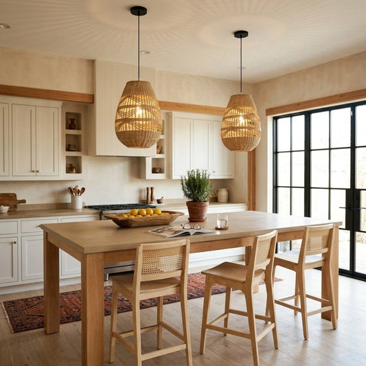 Shiri Small Wicker Bamboo Rattan Pendant Light in Boho Kitchen Island