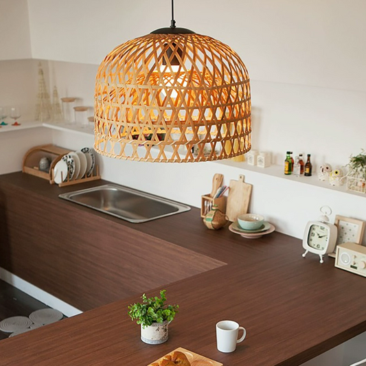 Shuangz Bamboo Woven Dome Pendant Light hangs over Kitchen Island