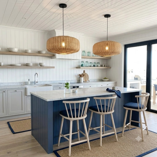 Sia Large Wicker Drum Pendant Light in Coastal Kitchen Island