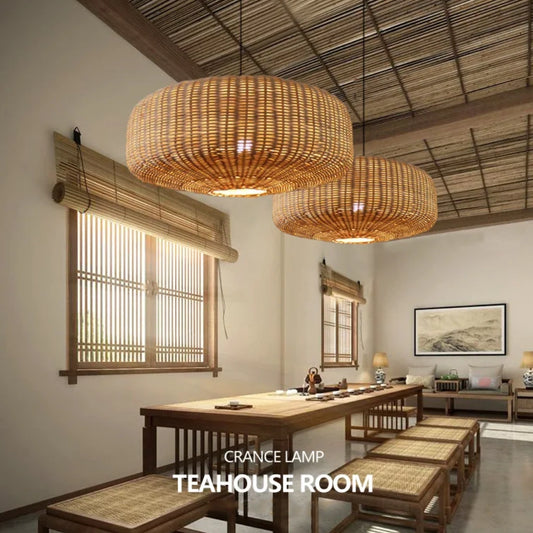 Sia wicker drum pendant light in Japandi space