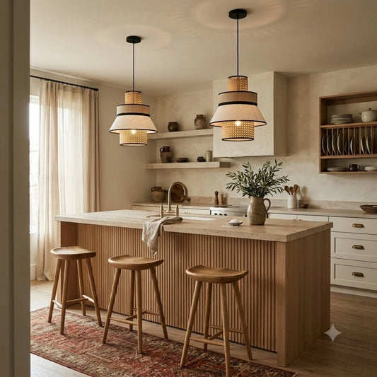 Singapour Small Cylinder Tiered Rattan Pendant Light in Boho Kitchen Island