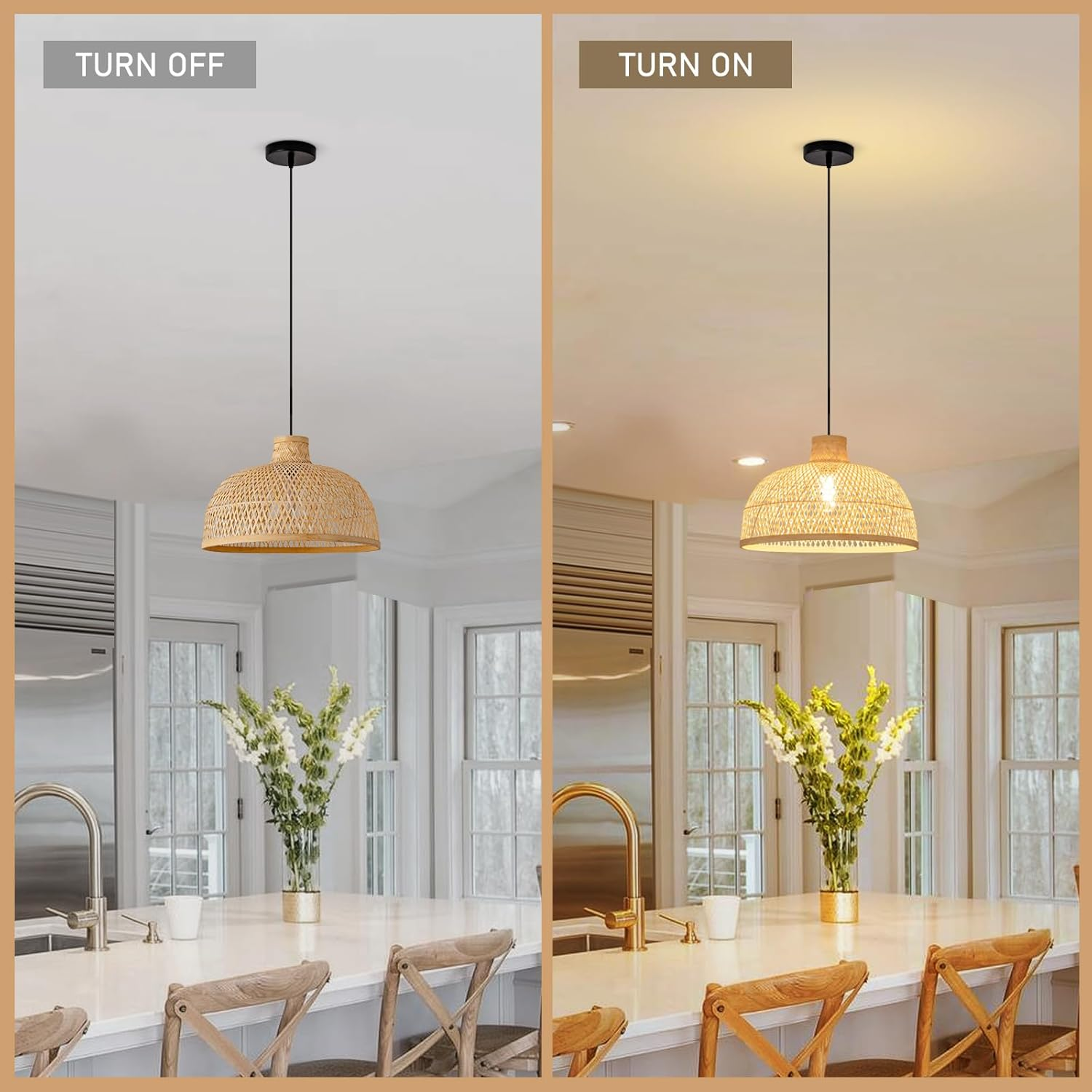 Singkawang Bamboo Dome Pendant Light when Turn On and Turn Off