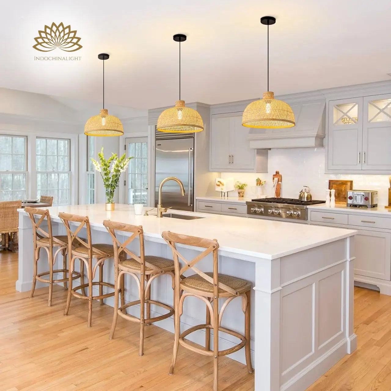 Singkawang Dome Bamboo Pendant Light for kitchen island
