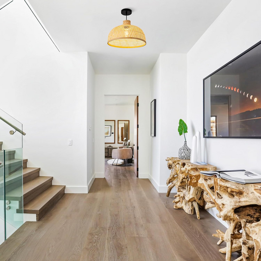 Singkawang Natural Dome Pendant Light hangs over Hallway