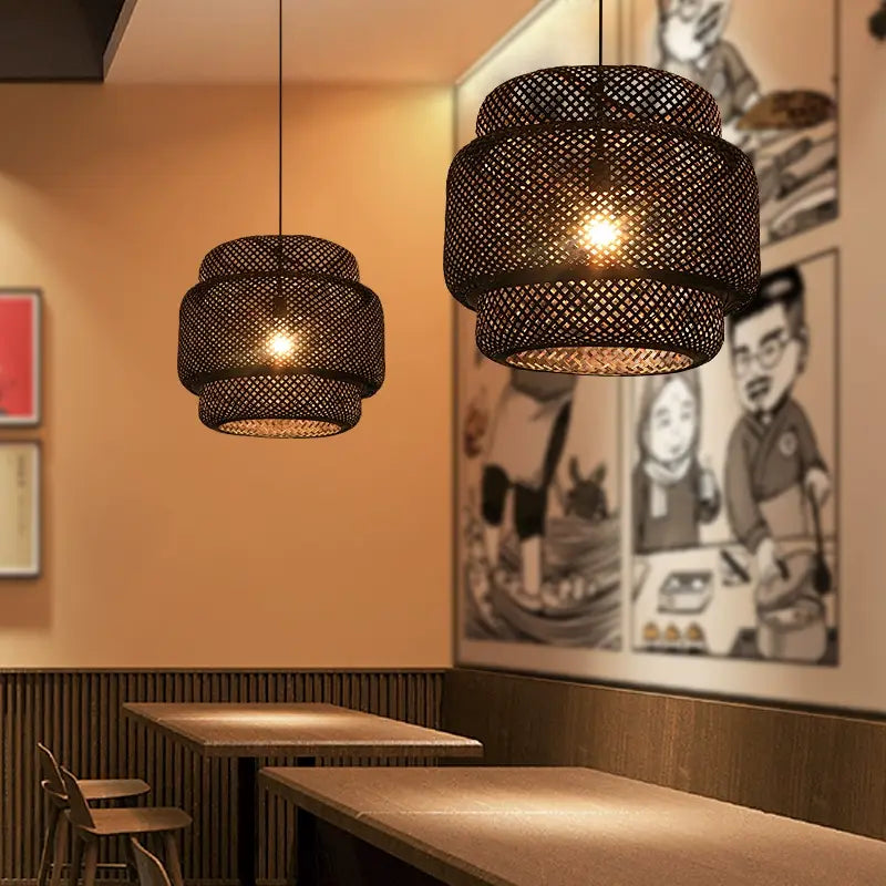 Sinnerlig Black Bamboo Pendant Lights over dining tables