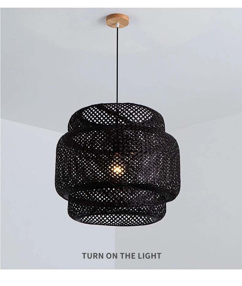 Sinnerlig Black Bamboo Woven Pendant Light when Turn On