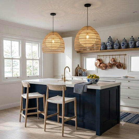 Sivaji Rattan Basket Pendant Light in Coastal Kitchen Island