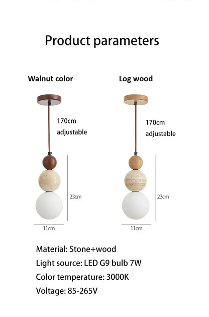 Sizes of Elara Duo Wabi Sabi Three Ball Travertine Pendant Light