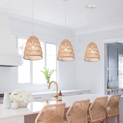 Small Minna Woven Rattan Pendant 1-Light over Boho Kitchen Island