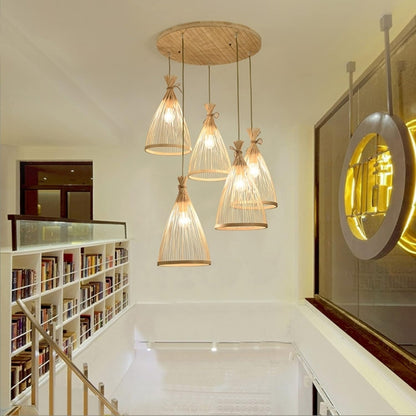 small rattan bamboo cone pendant light for stairwell