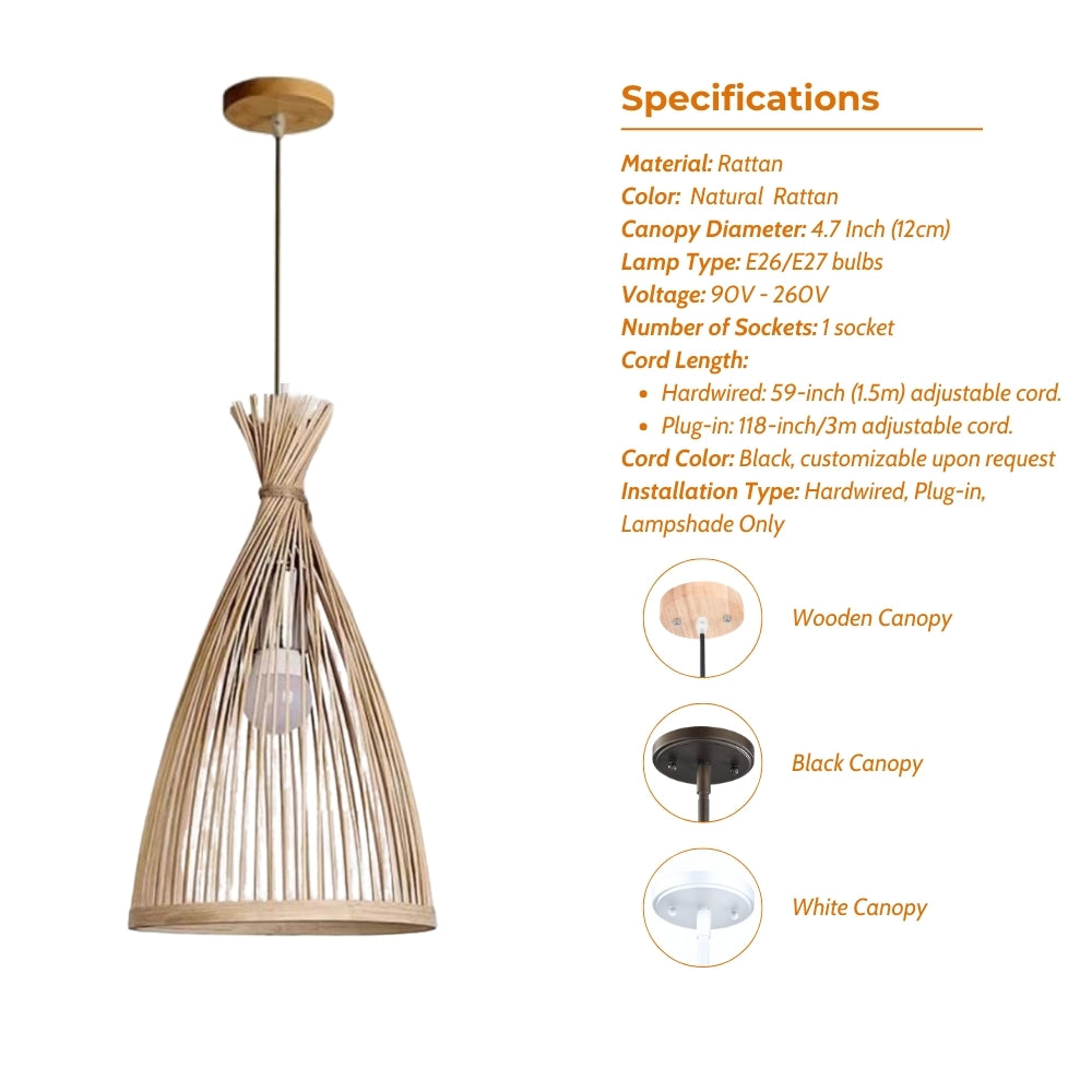 small rattan bamboo cone pendant light specifications