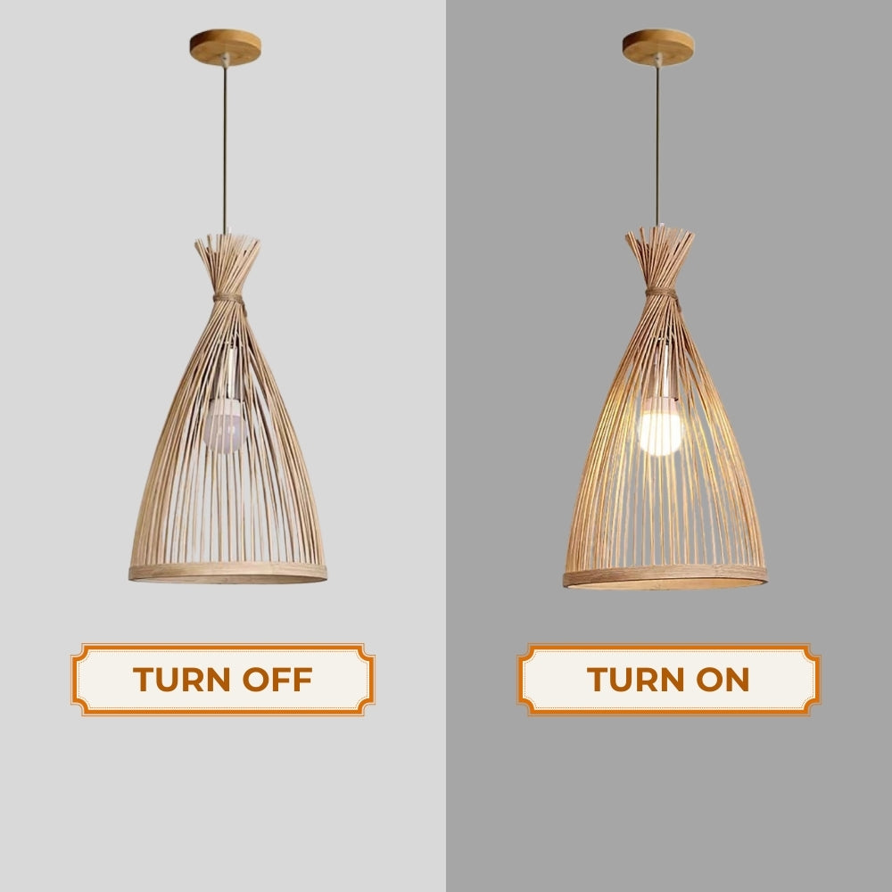 small rattan bamboo cone pendant light when the light is on and off