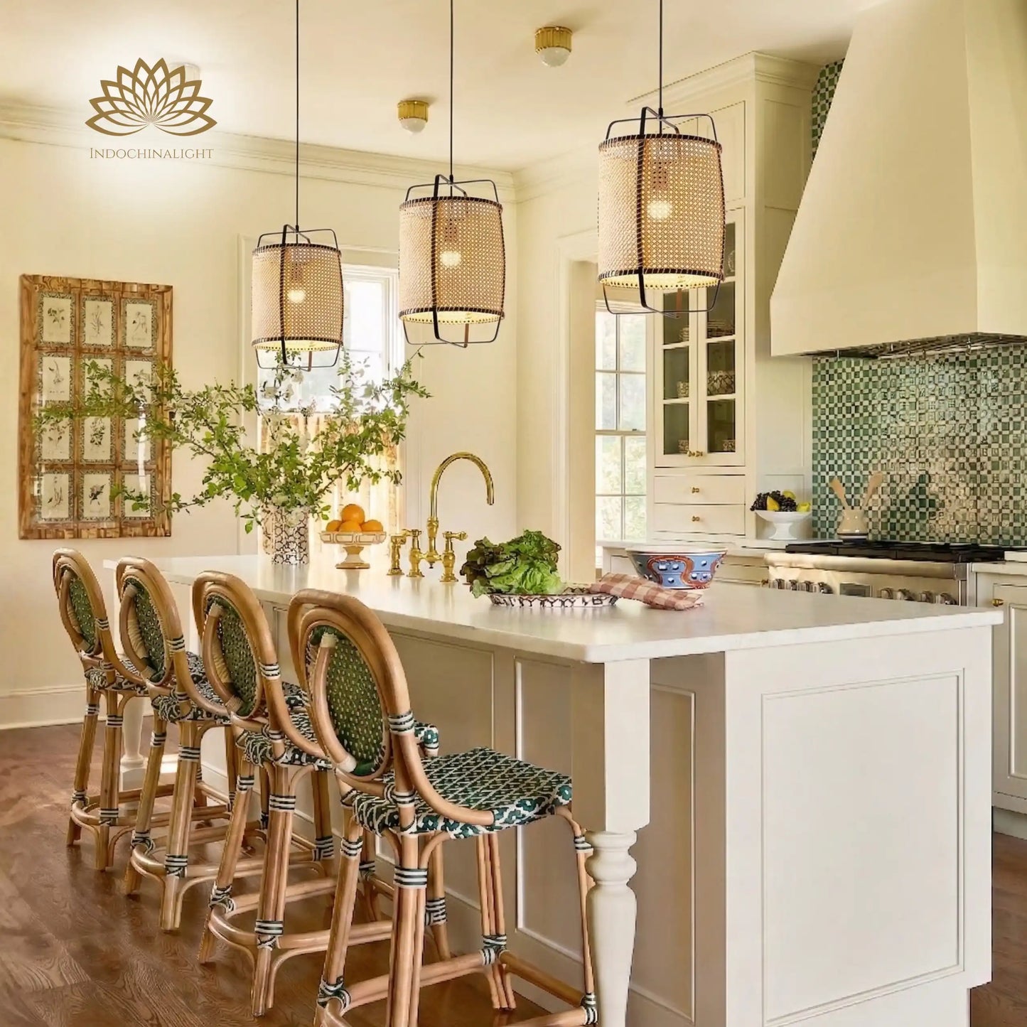 Small Rattan Pendant Light 10 Inches above Modern Farmhouse Kitchen Island