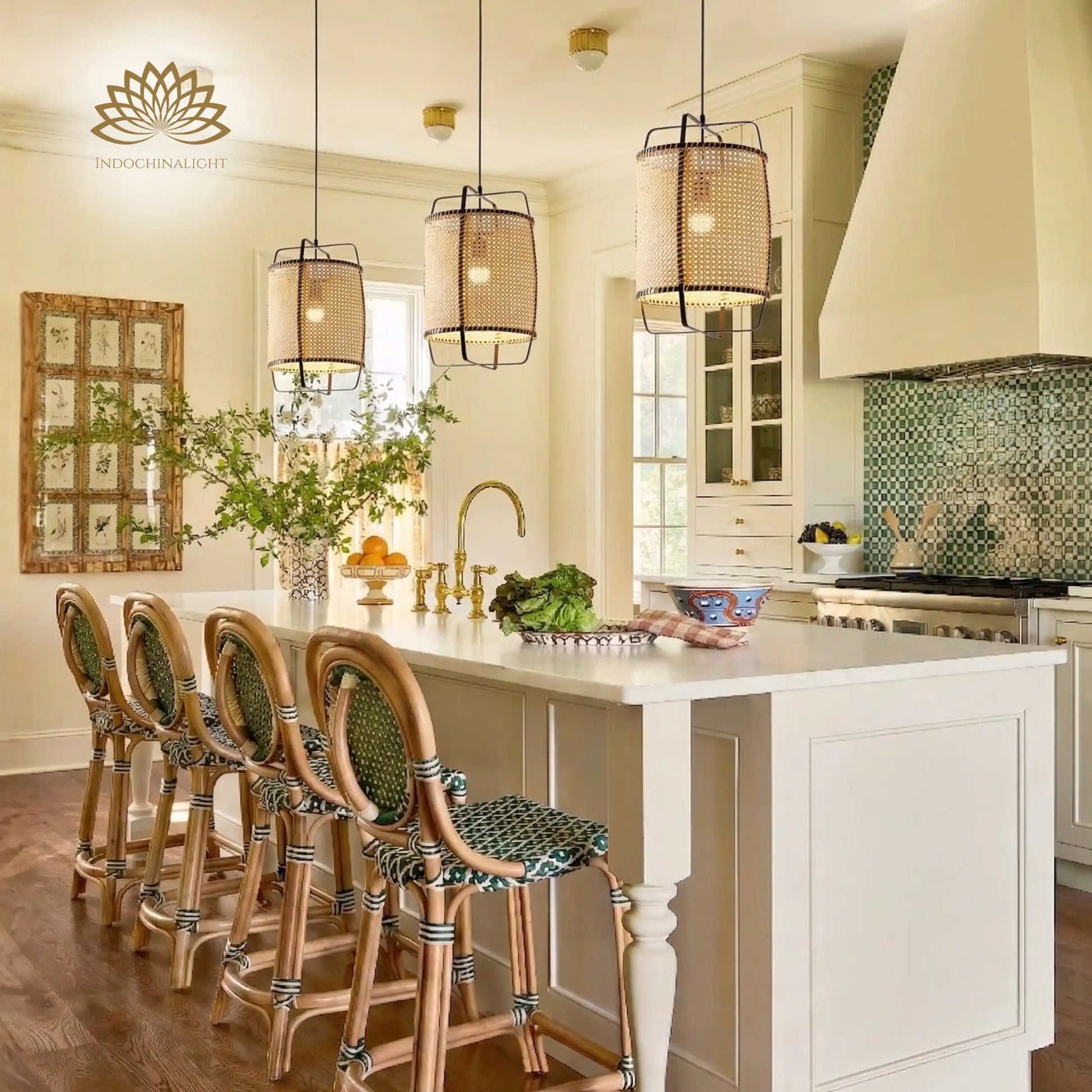 Small Rattan Pendant Light 10 Inches above Modern Farmhouse Kitchen Island