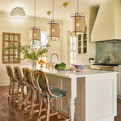 Small Rattan Pendant Light 10 Inches above Modern Farmhouse Kitchen Island