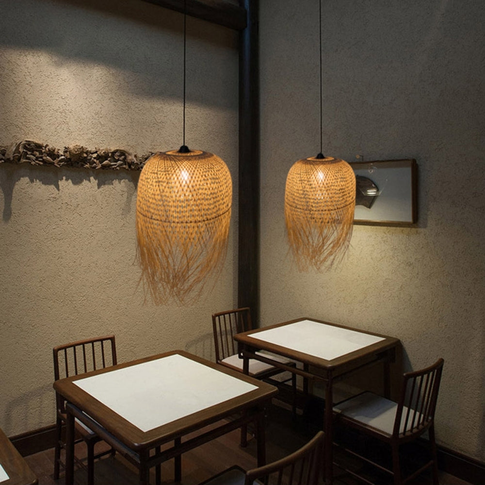 small woven bamboo fringe pendant light for coffee shop