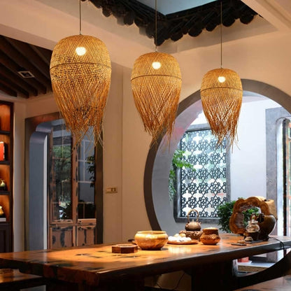 small woven bamboo fringe pendant light for dining room