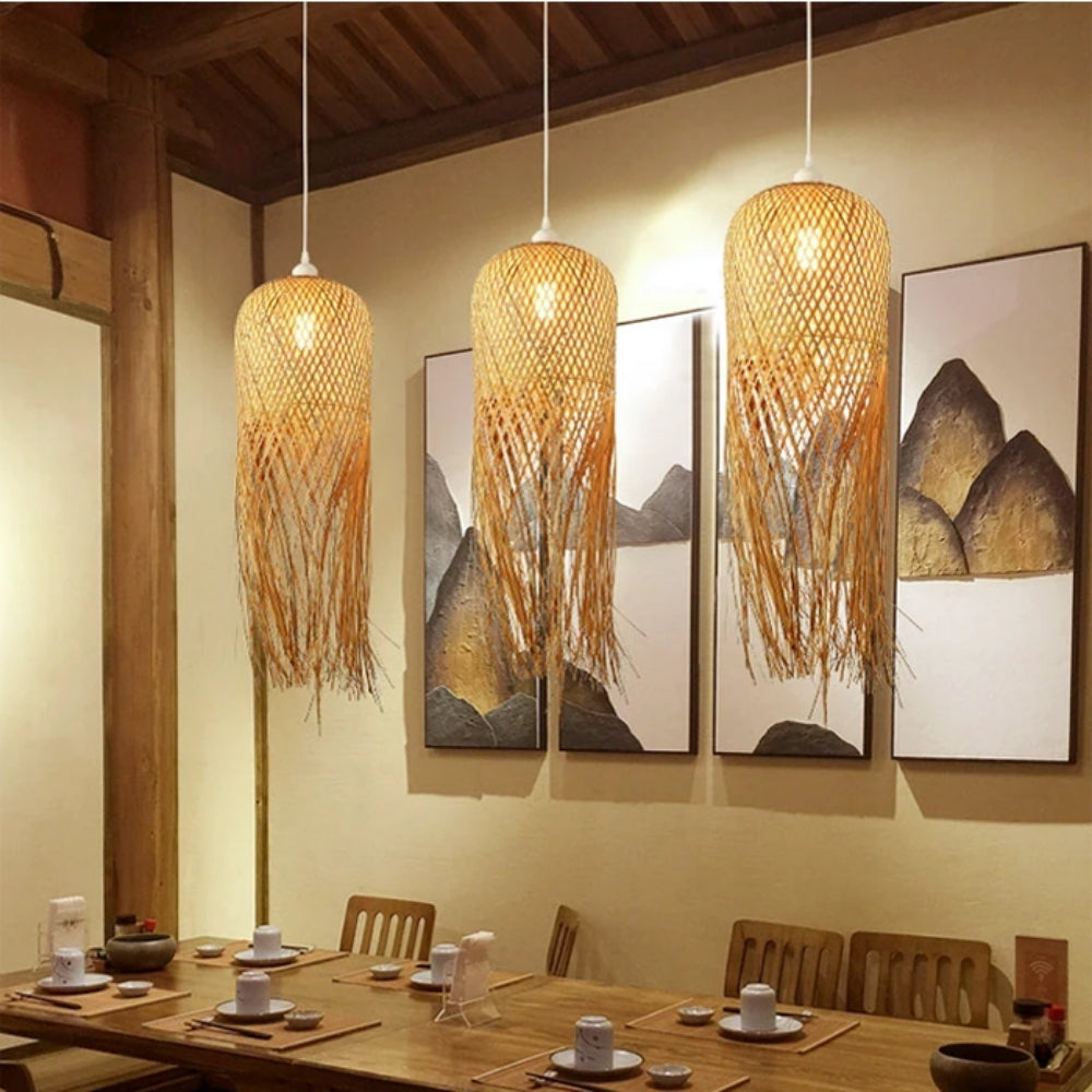 small woven bamboo fringe pendant light for dining table