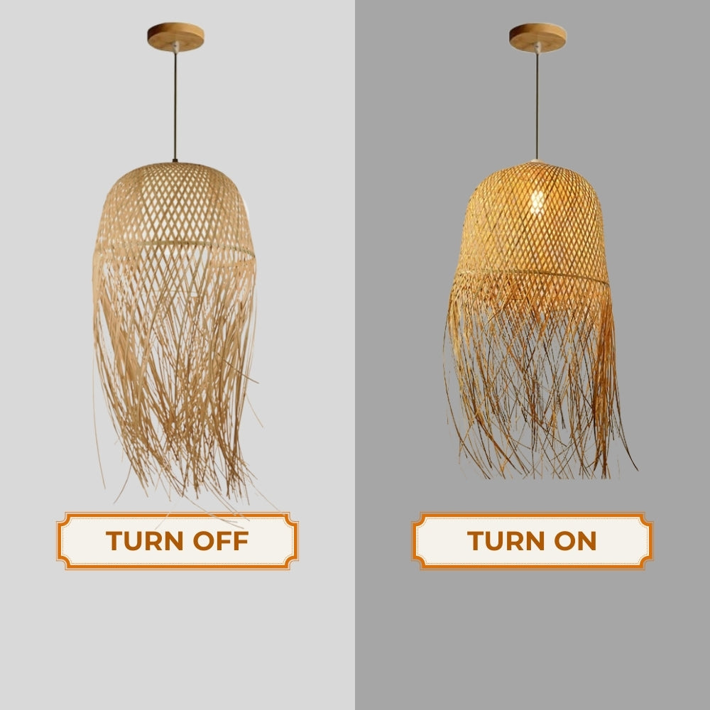 small woven bamboo fringe pendant light when the light is on and off