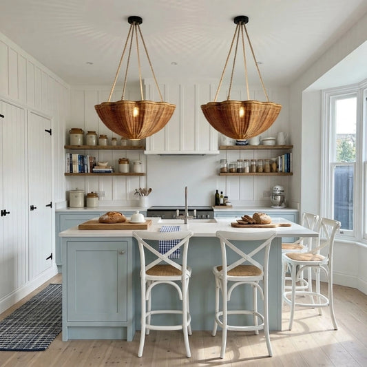 Soane Wicker Rattan Daisy Hanging Light in Coastal Kitchen Island