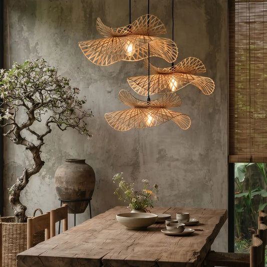 Soku Bamboo Pendant Light Hangs over Wabi Sabi Dining Table