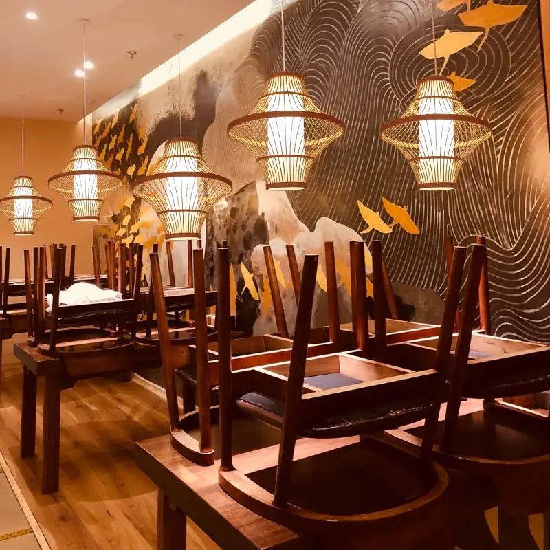 Solaya Handwoven Bamboo Pendant Light over tables