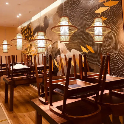 Solaya Handwoven Bamboo Pendant Light over tables