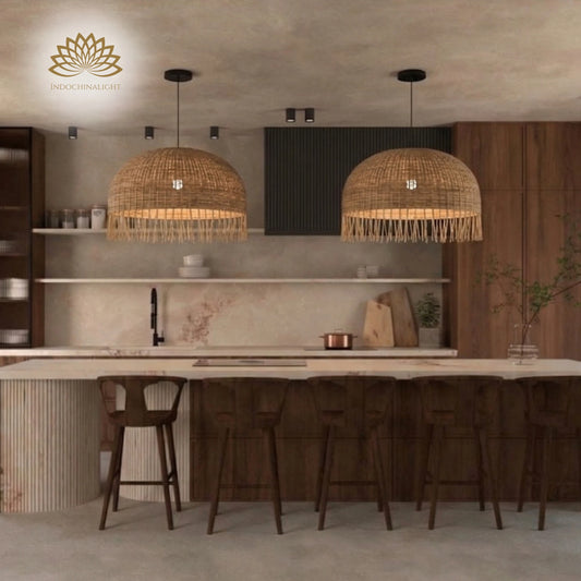 Southeast Asian Wicker Rattan Pendant Light over Wabi Sabi Kitchen Island