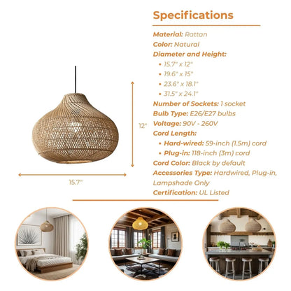 Specifications of 16 Inch Karjearl Woven Basket Rattan Pendant Light