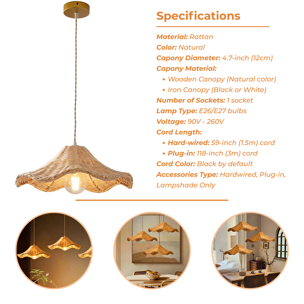 Specifications of Ariel Rattan Wave Pendant Light