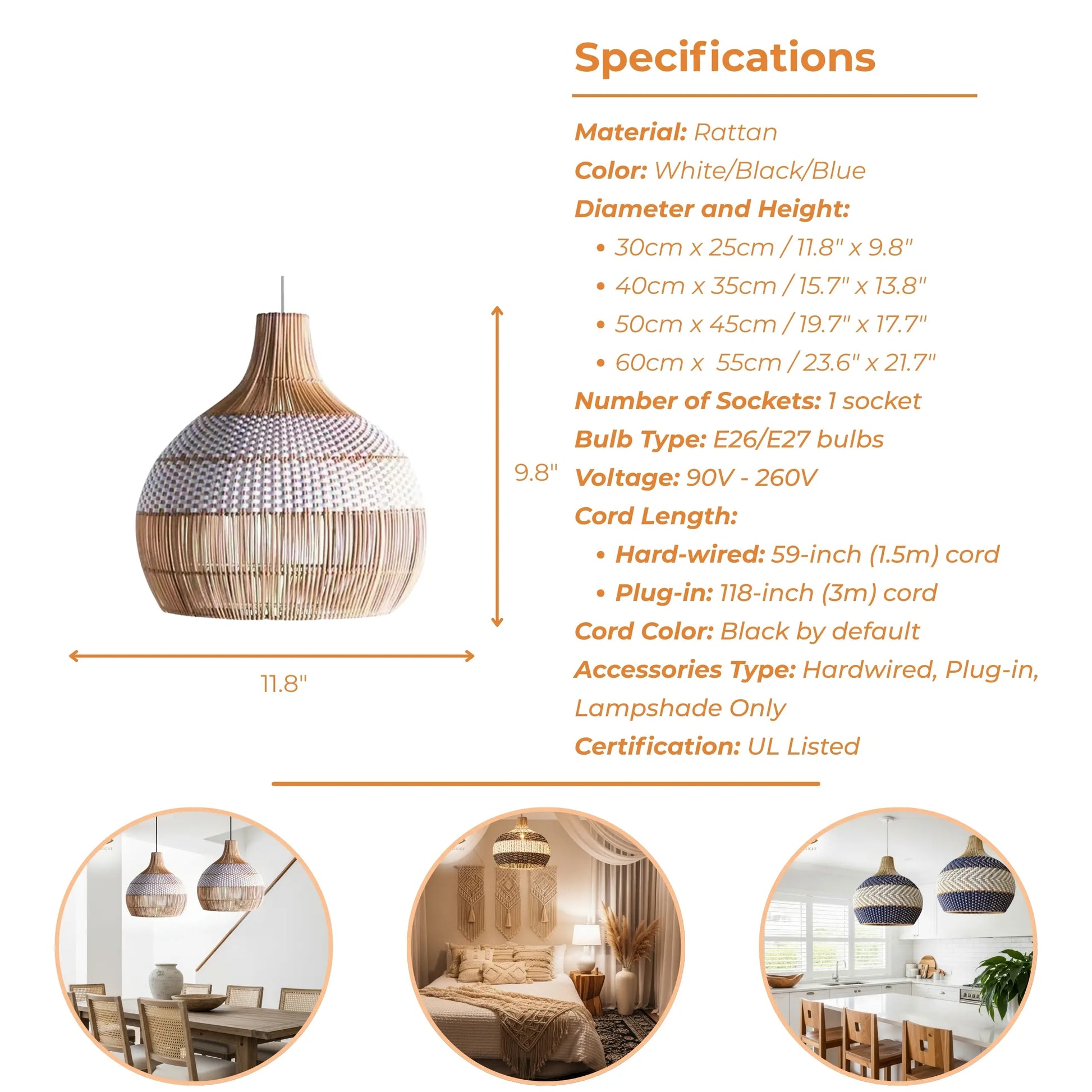 Specifications of Beatrice White Dome Basket Rattan Pendant Light