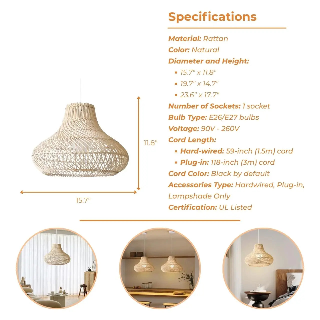 Specifications of Dakota Natural Rattan Dome Pendant Light