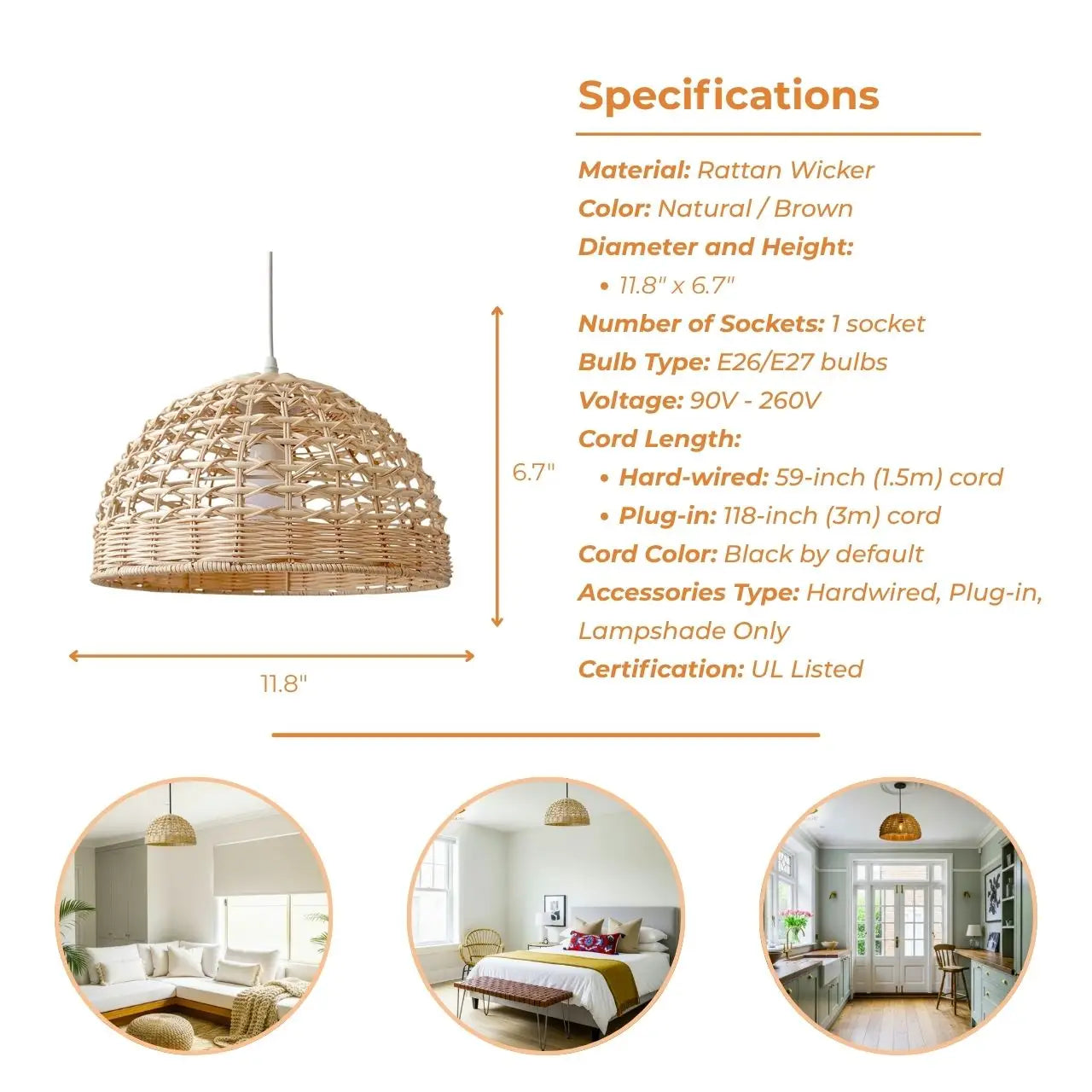 Specifications of Eauso Rattan Wicker Pendant Light