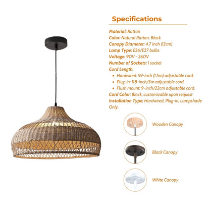 Specifications of Moijabana rattan wicker woven dome basket pendant light
