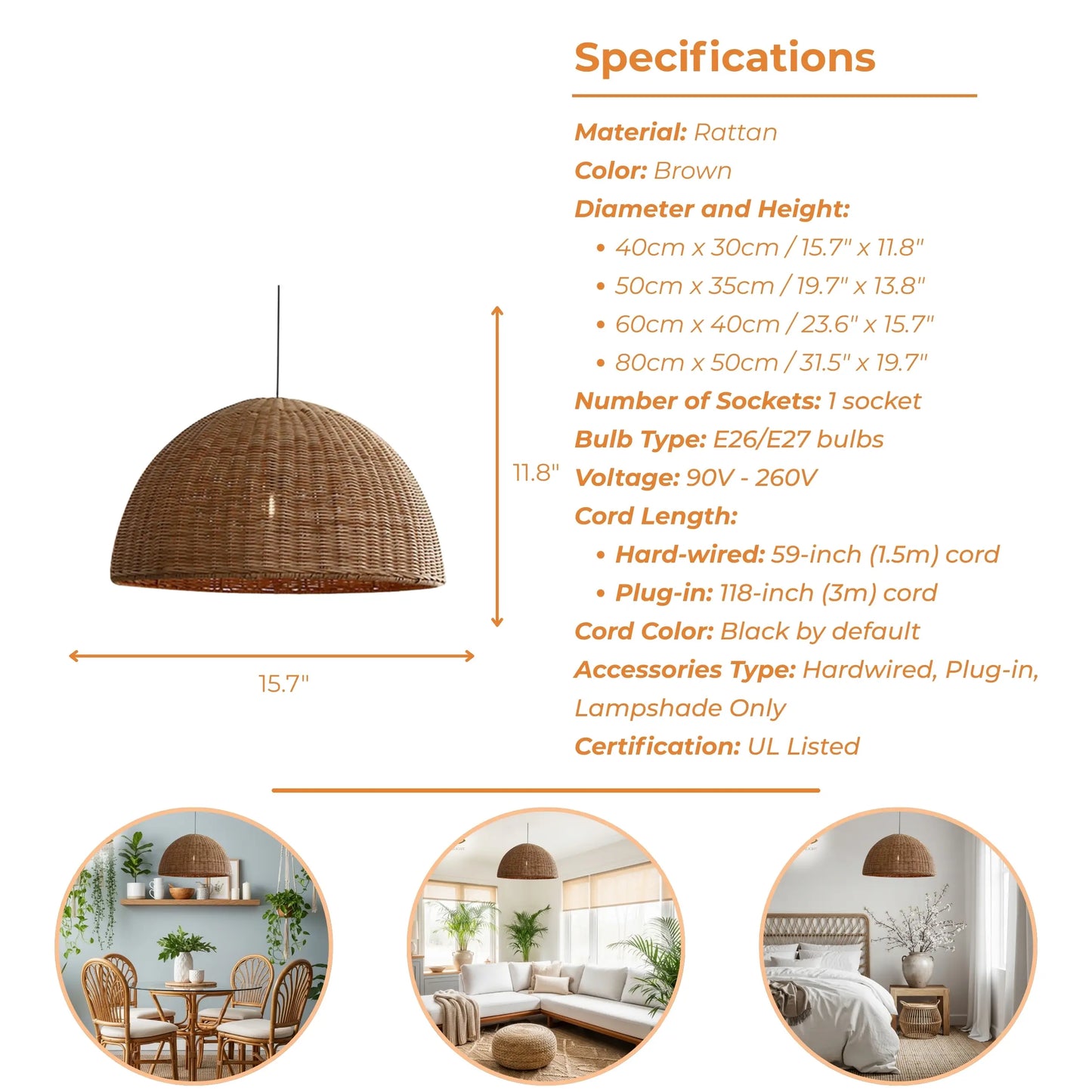 Specifications of Thaely Dome Wicker Rattan Pendant Light