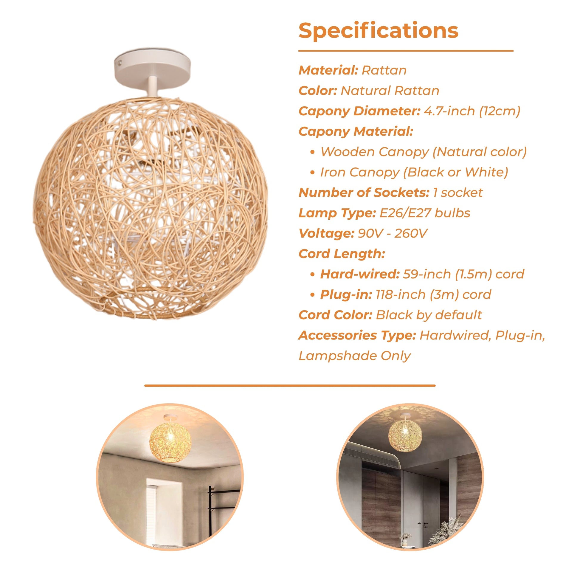 Specifications of the Sucada Round Rattan Ceiling Light